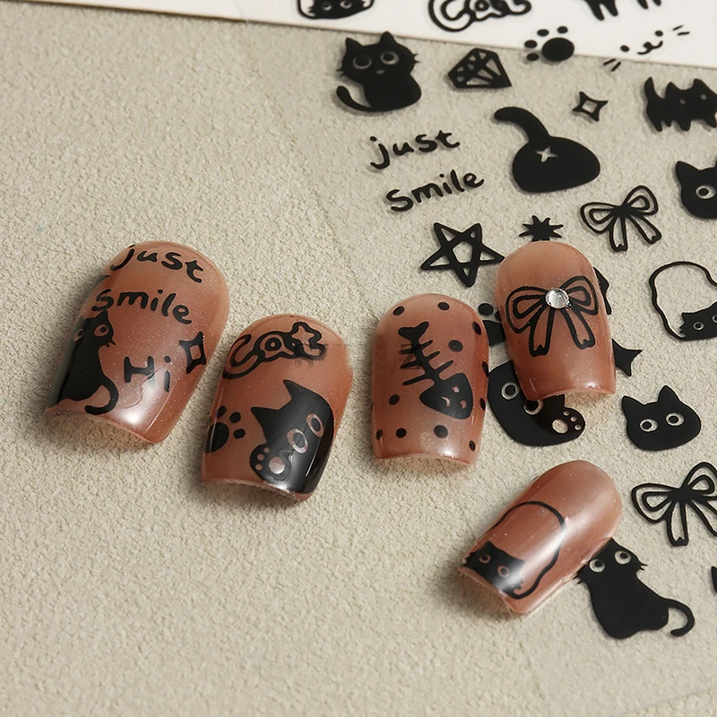 1Sheet 3D Black Cartoon Cute Cat Nail Stickers Cat Stars Letters Nail Sliders Y2K Korean Japanese Nail Art Manicure Decors