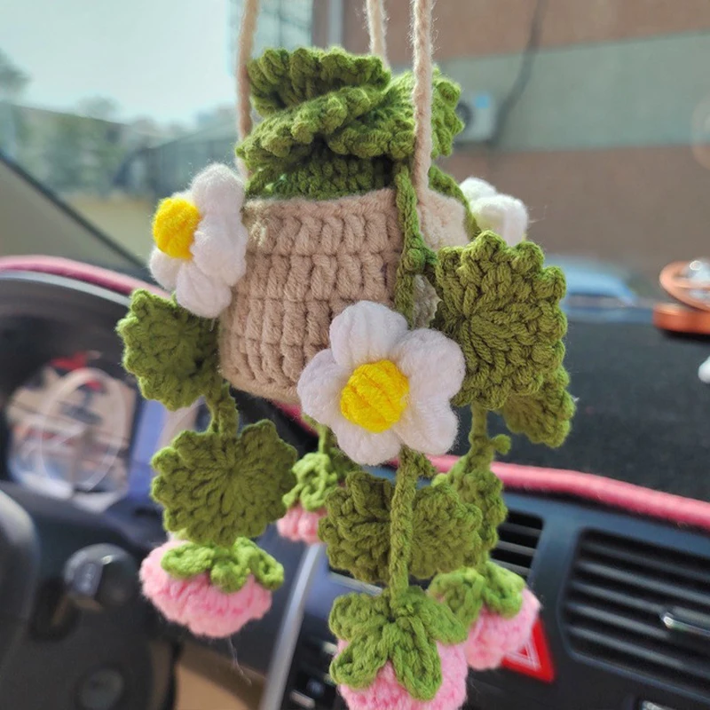 

Car Mirror Hanging Accessory Handmade Knitted Creativity Cute Crochet Potted Plant Rear View Decor Car Interior Accessories