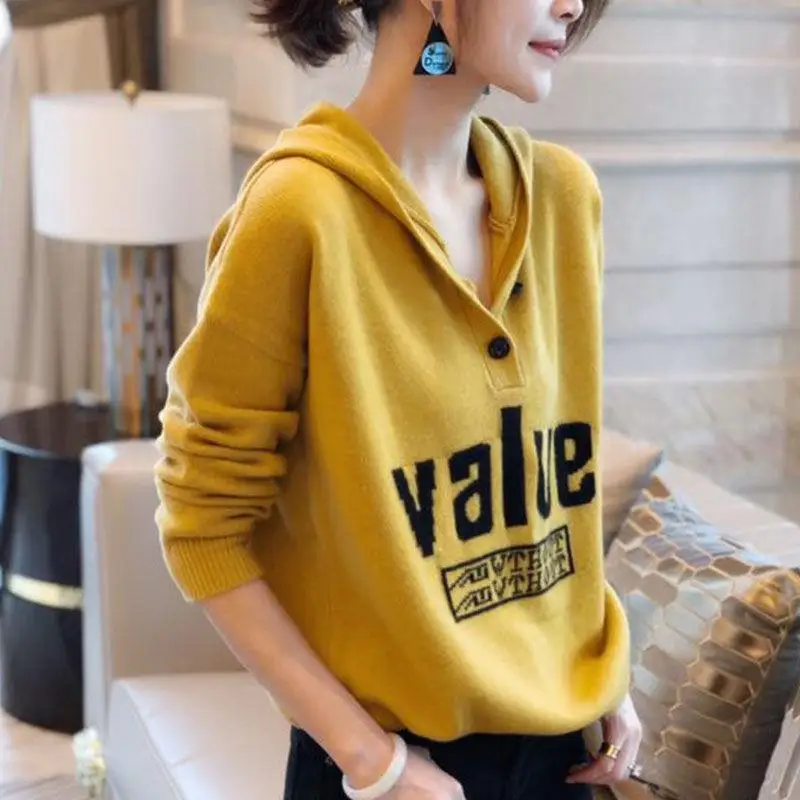 Casual Solid Color Letter Hooded Sweaters Autumn Winter Stylish Button Korean All-match Commute Female Clothing Knitted Jumpers