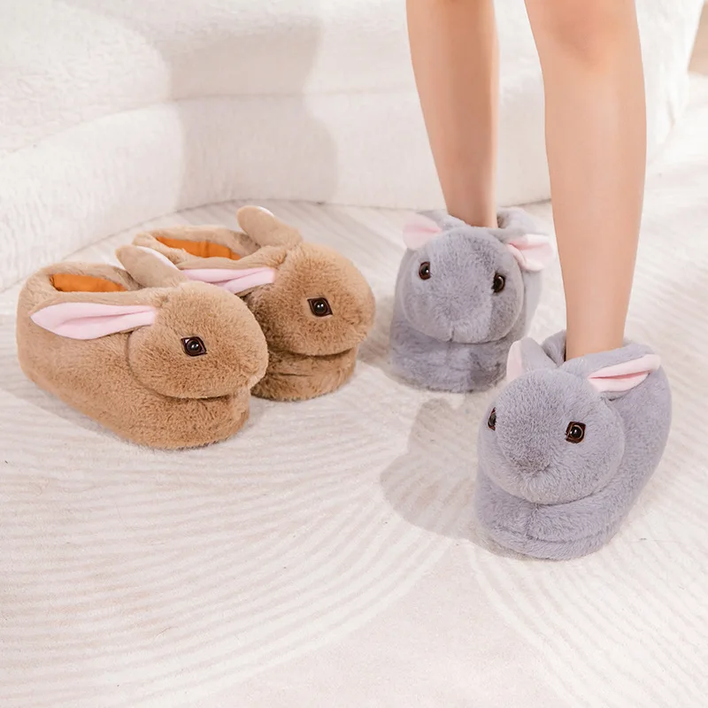 Cute Rabbit Slippers Women Cartoon Bunny Shoes Warm Faux Fur Soft Sole Girls Indoor Home Floor Slipper Funny House Footwear