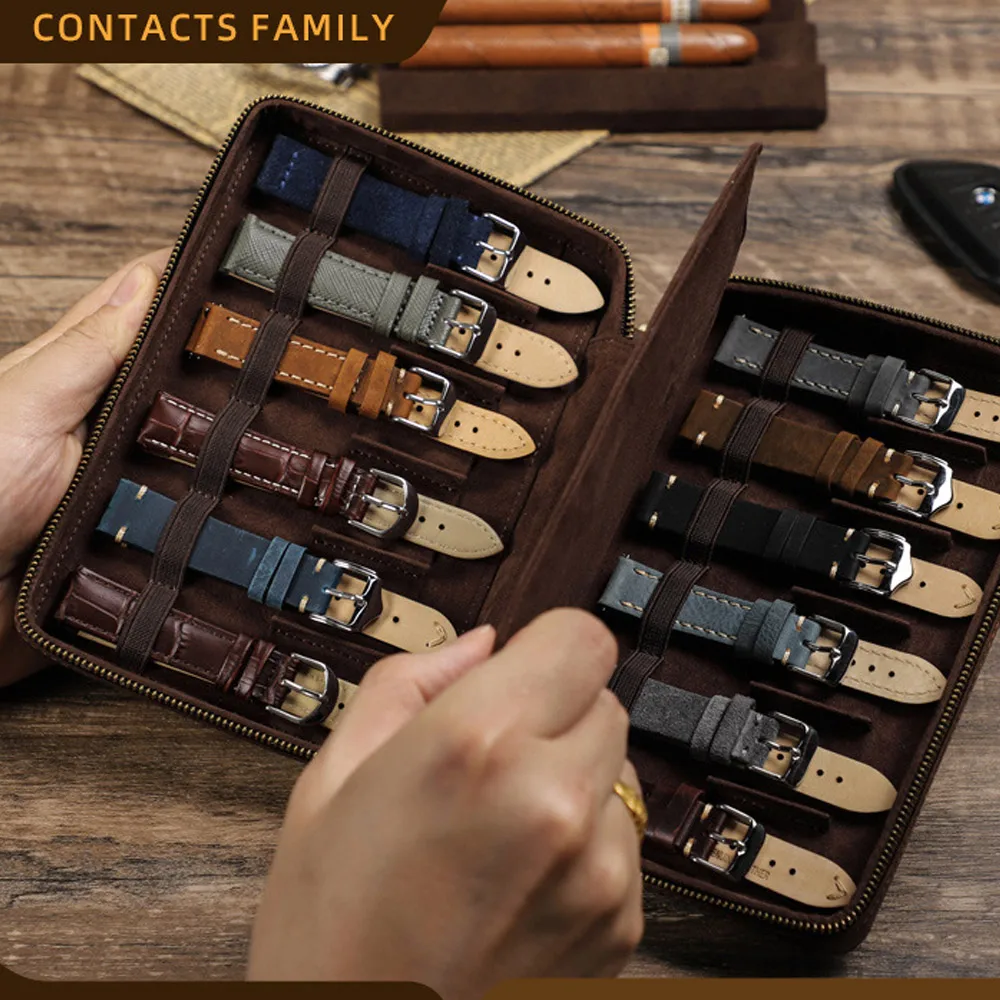 Luxury Brown Genuine Leather Cowhide 12 Slot Strap Storage Box Display Stand Square Zipper Buckle Mechanical Watch Travel Box