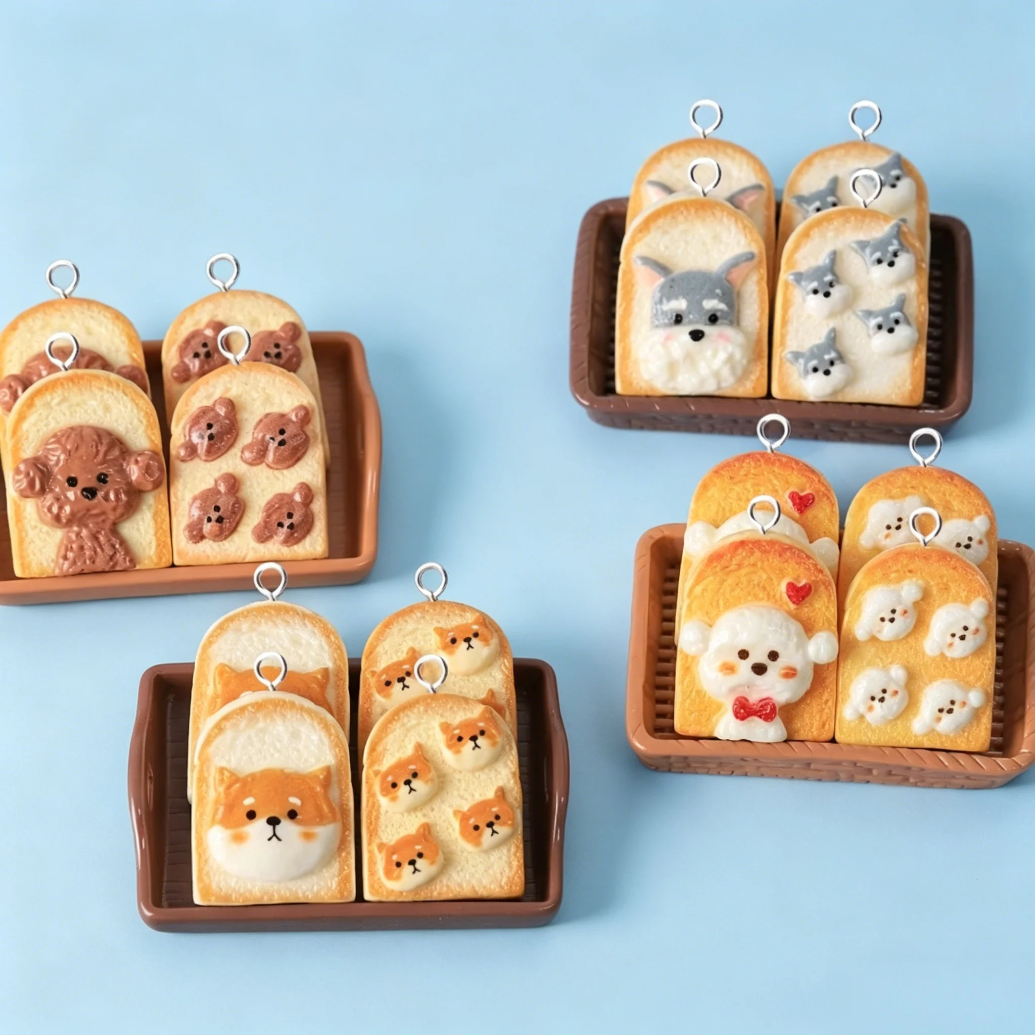 10Pcs Adorable Puppy Bread Charms Kawaii Resin Dog Toast Pendants for Jewelry DIY