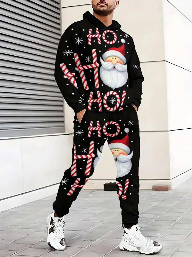 Nowe świąteczne męskie bluzy z kapturem i spodniami Garnitur 3D Brzydki Święty Mikołaj Nadruk Xmas Dwuczęściowy dres dla dorosłych Casualowe bluzy Joggery Zestawy