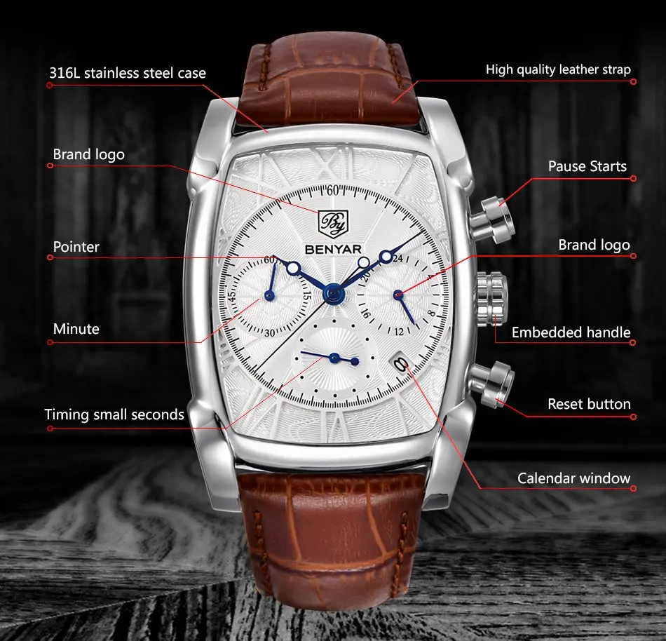 Relogio Masculino Mens Watches Top Luxury Brand BENYAR Chronograph Leather Quartz Watch Men Military Sport Rectangle Wristwatch - view 3