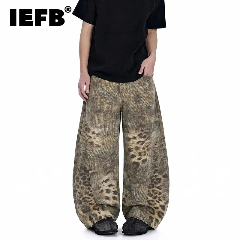 IEFB Avant-Garde Men's Jeans Leopard Print Gradient Oversized Wide Leg Fit High Street Loose Casual Denim Long Pants 9X2894