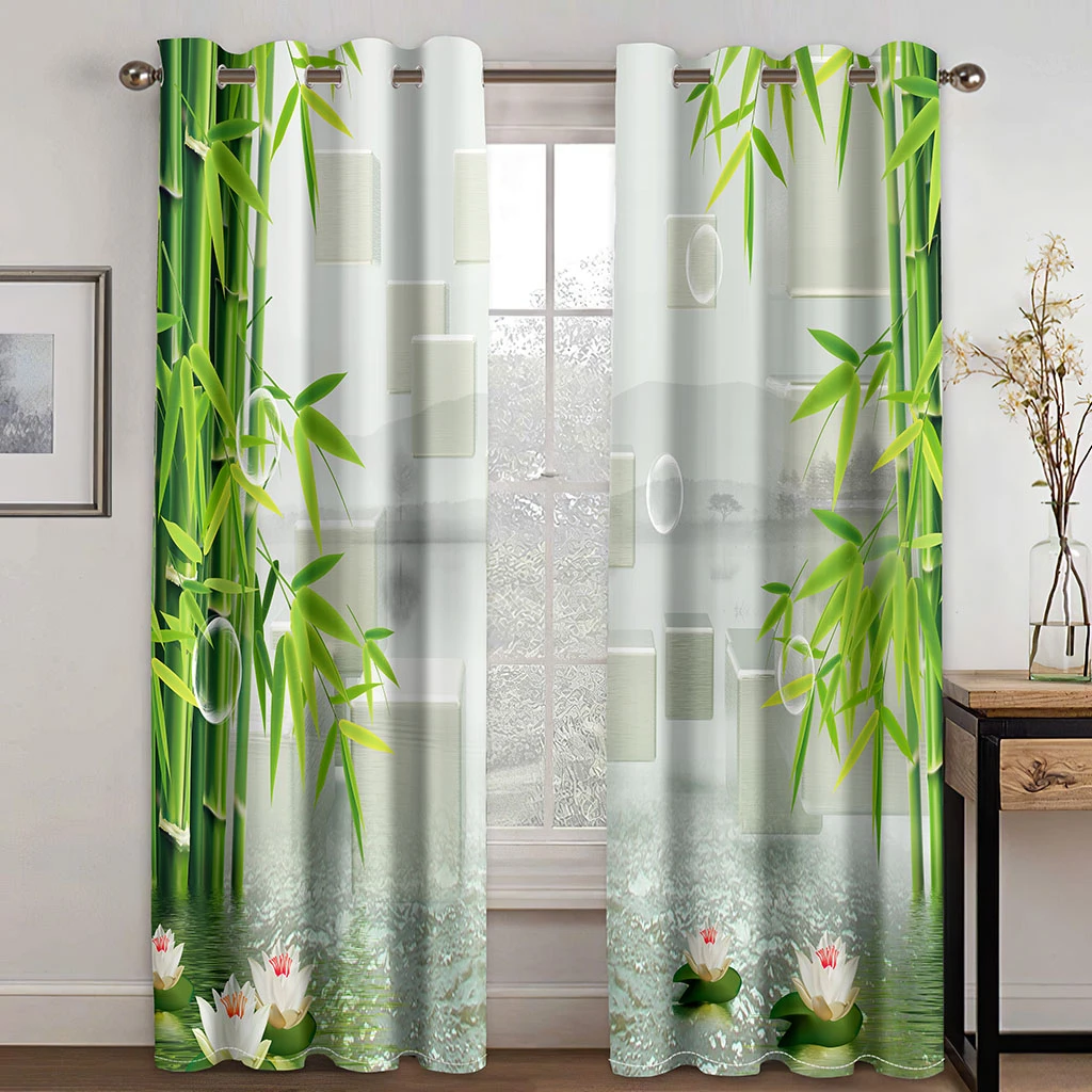 

3D Bamboo Flowers Cool Green Curtains Landscape Lake Applicable Living Room Balcony Window Decor 2 Panels