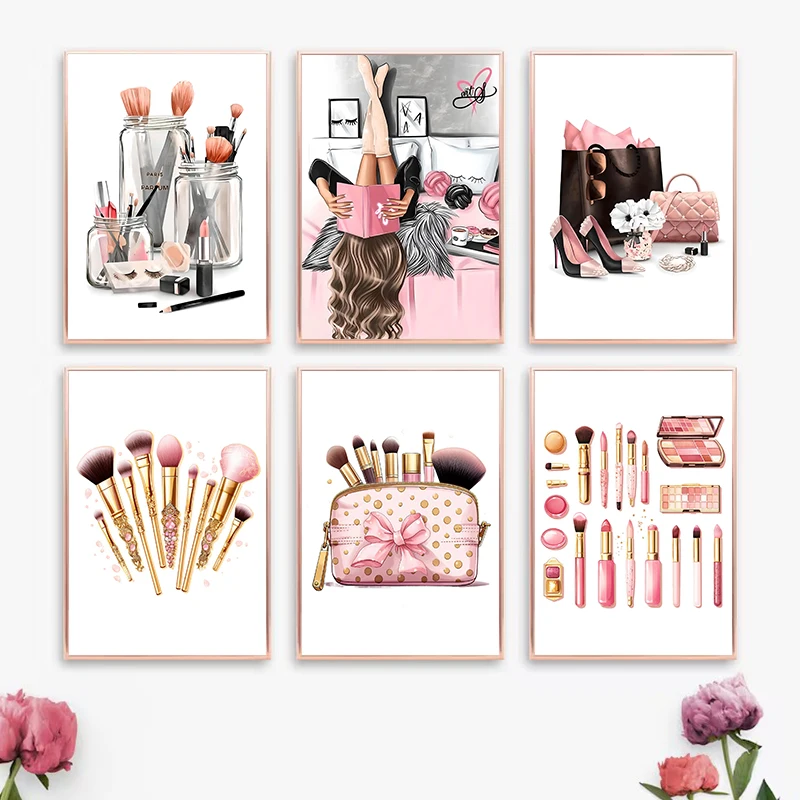 (2D Canvas Painting)  Fashion Girly Pink Makeup Collection EyeLash Lipstick Perfume Poster Canvas Painting Wall Art Pictures