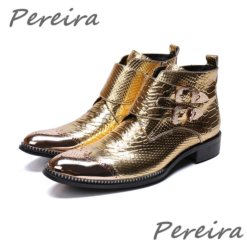 

British Style Men's Chelsea Boots Golden Genuine Leather Metal Buckle Ankle Boots Autumn Winter Cowhide Trendy High Top Shoes