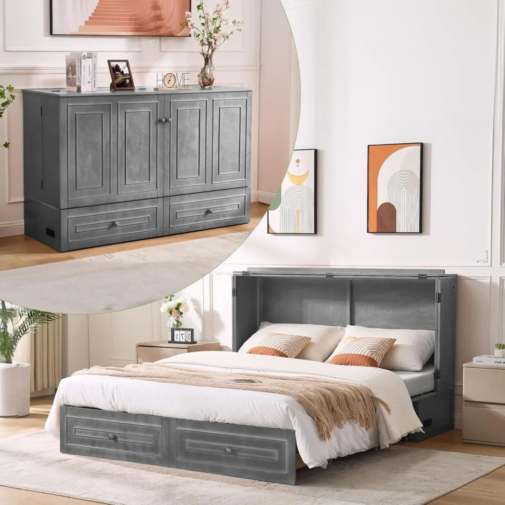 

Queen Murphy Bed, Murphy BedS Cabinet with Charging Station, Storage Drawers & Foldable Mattress, Space-Saving Murphy Bed