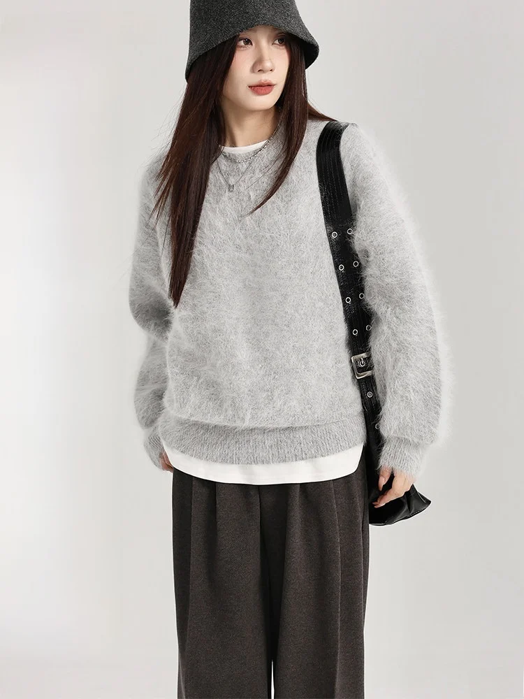 

Pullover Rabbit Fur Sweater Women's Thick Warm Winter Fashion Commute Style Slim Fit round Neck Long Sleeve Grey Furry Top
