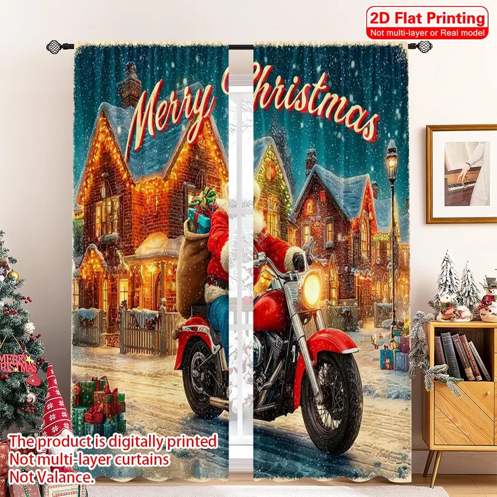 

2pcs 2D flat printing Christmas Drapes Santa Claus Motorcycle Machine Washable Polyester Without Electricity Holiday Decorations