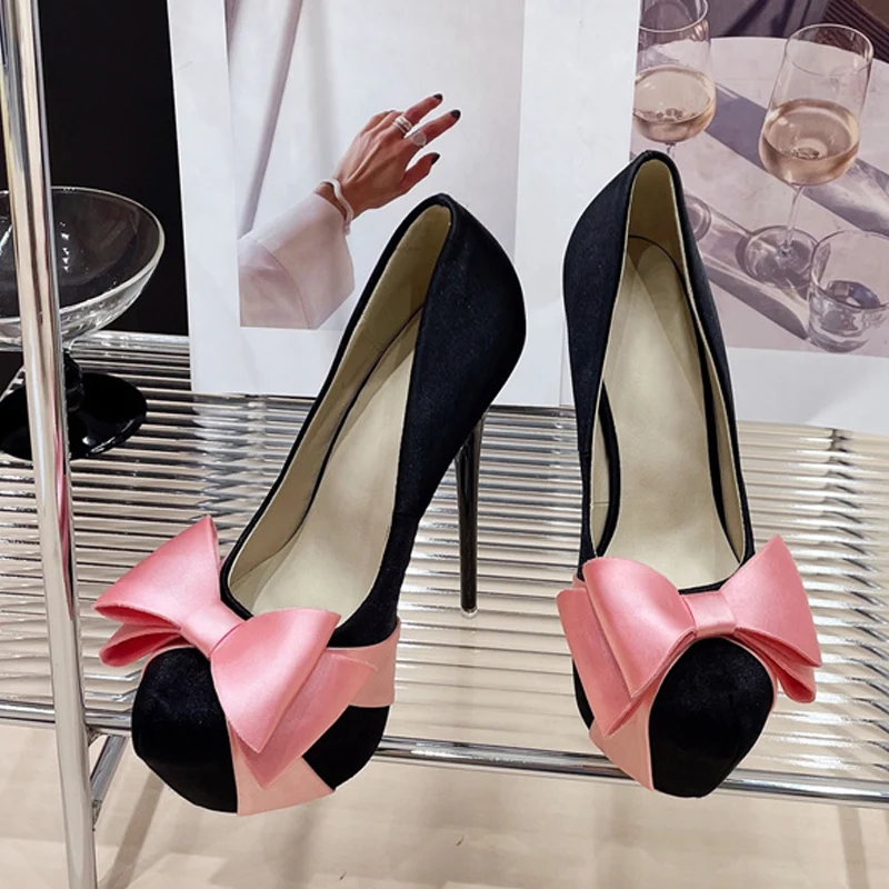 Liyke Fashion Design Bowknot Round Toe Platform Pumps Women Wedding Banquet Shoes Sexy Stripper Pole Dance tacchi alti nero rosa