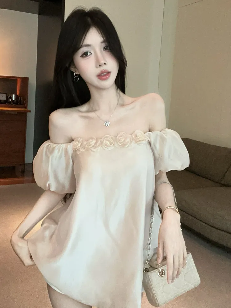 Off shoulder bubble sleeve shirt spring romantic and sexy style loose three-dimensional flower slimming elegant pullover top
