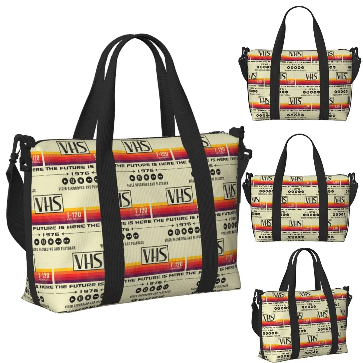 

Custom VHS The Future Is Here 1976 Worn Out Lts Beach Travel Bag Tote Bags for Gym Yoga Women Shopping Duffle Shoulder Bag