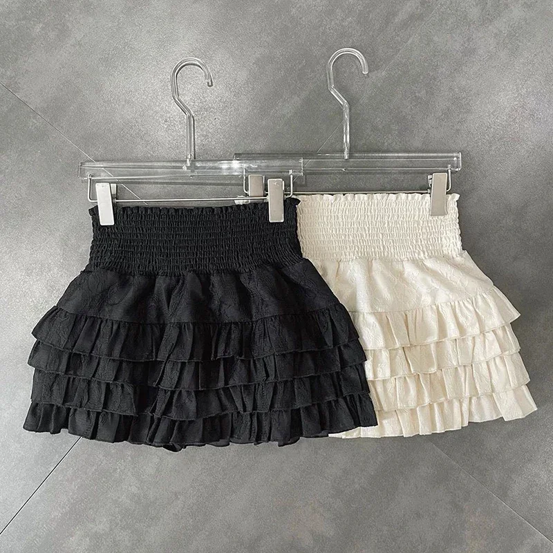 Streetwear Ruffles Mini Skirts Women Sweet Kawaii High Waist Lace A Line Skirt Summer Korean Fashion Black Ball Gown Skirts