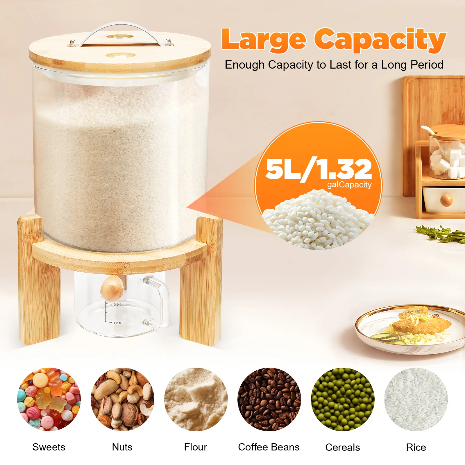 5L/7.5L Dry Food Dispenser Airtight Glass Cereal Beans Storage Container With Valve+Lid+Stand For Home Kitchen Food Storage