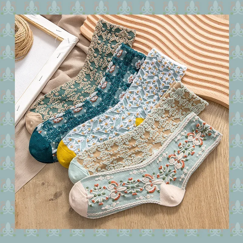 2/3/5/10 pairs, retro diamond flower fashionable girls' long socks, casual women's cotton socks