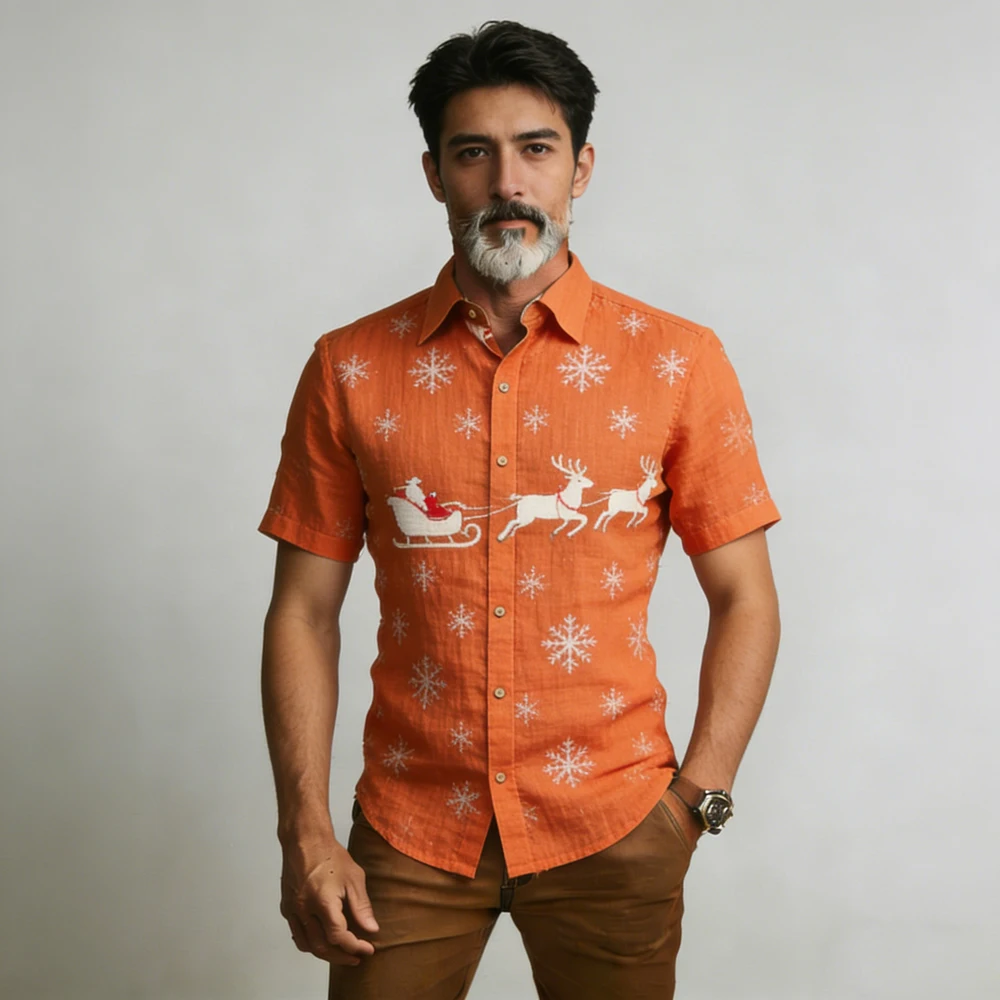 

Men's New Linen Christmas Pattern 3D Printed Shirt Hawaiian Vacation Casual Long-sleeved Lapel Shirt Men's Outdoor Party Clothes