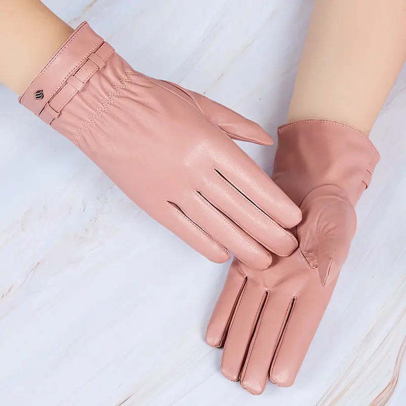 คุณภาพสูงผู้หญิงถุงมือหนังของแท้หนังสีม่วงผู้หญิงอบอุ่นฤดูหนาว Mittens เรียบง่ายประดิษฐ์ถุงมือหนังหญิง