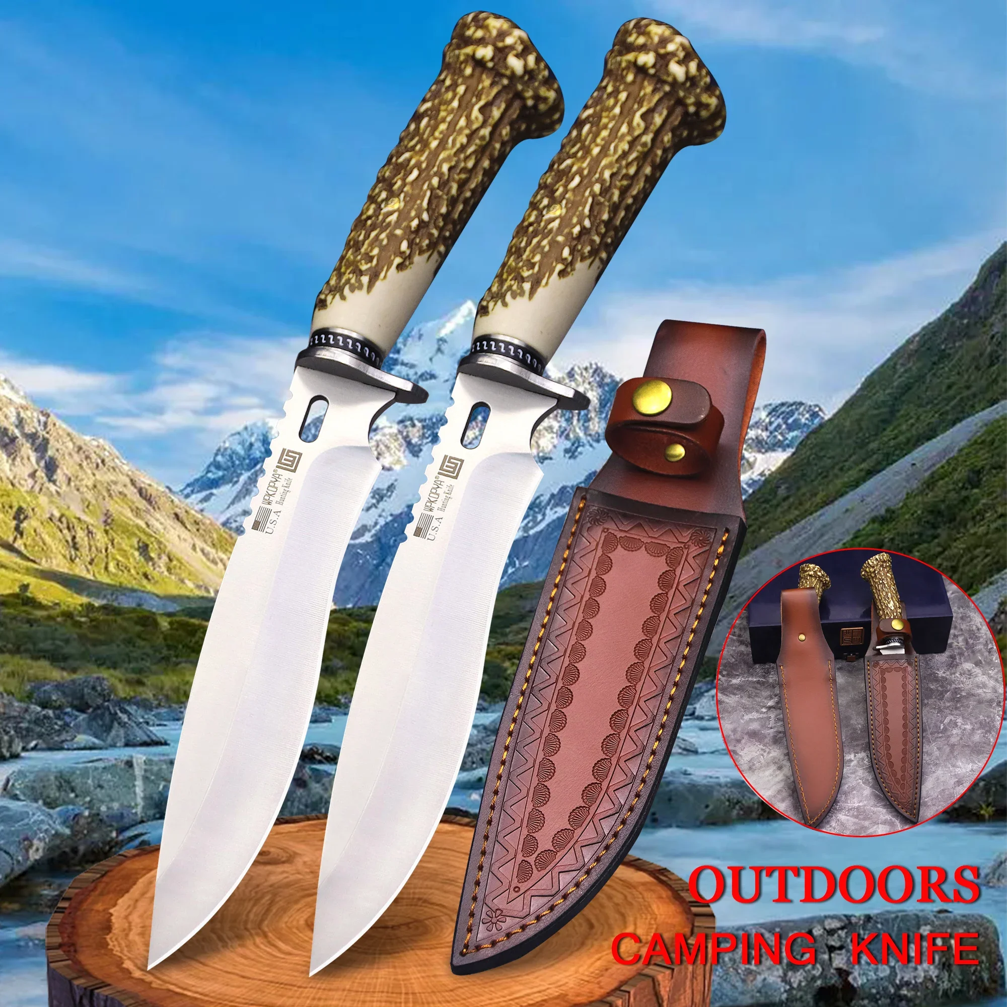 WPKOPYA (USA) Hunting Straight Knife with antler handle, Jungle camping Knife, kitchen carving knife, boning and peeling knife