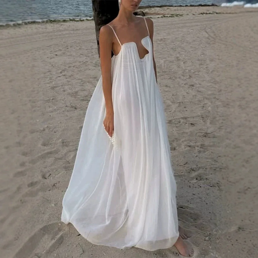 Weißes Damen-Maxikleid mit Spaghettiträgern, modisches, einfarbiges Urlaubskleid mit unregelmäßigem Ausschnitt, rückenfreie Kleider, sexy Strand-Vestidos