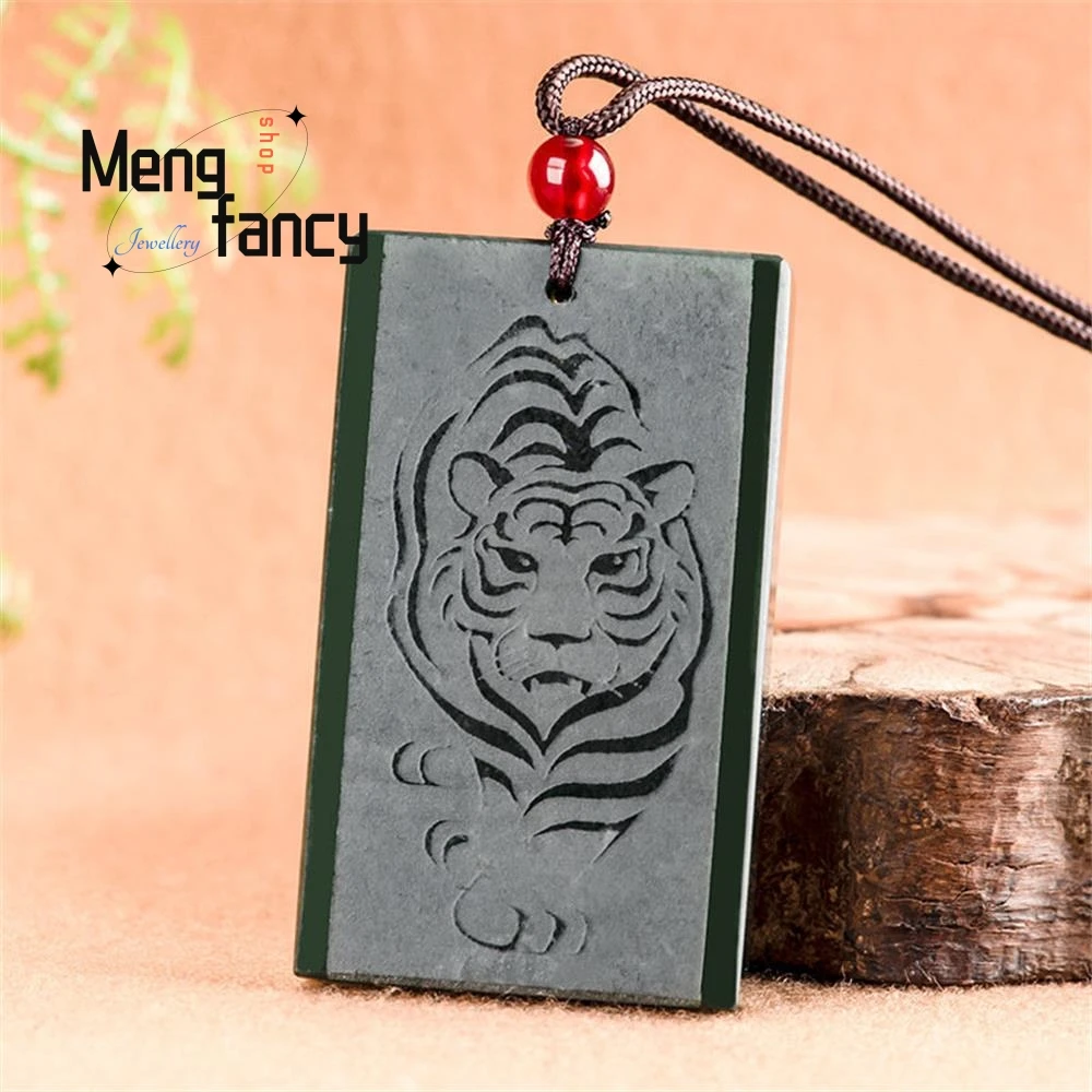 

Genuine Natural Hetian Jade Green Jade Shallow Carved Tiger Whistling Mountains And Forests Pendant Men And Women's Pendants