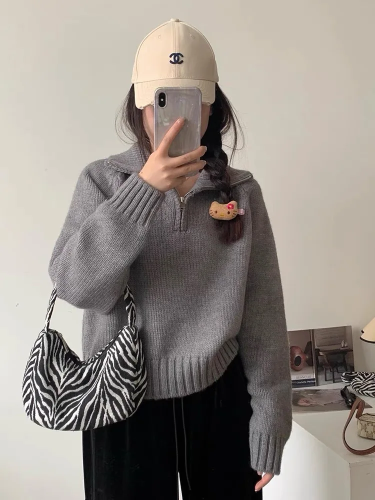 Quarter Zip Sweater Pullover Women Cozy Knitted Long Sleeve Sailor-Collar Plain Jumper Classic Basic Autumn Winter 2026