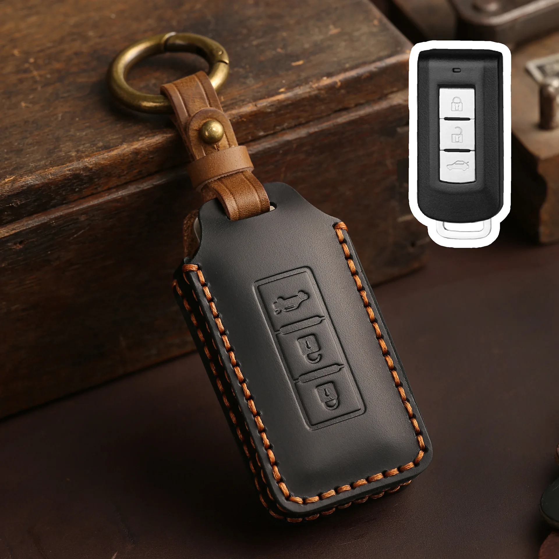 For Mitsubishi Pajero 3 Outlander III 2013-2019 ASX 2020 Leather Shell Holder Protector Car Key Case Cover Keychain Accessories