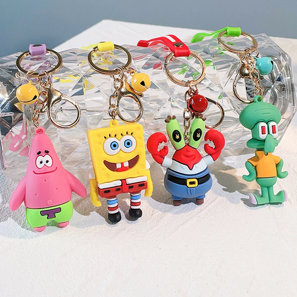 Cartoon SpongeBob SquarePants Silicone Keychain Figure Patrick Star Squidward Tentacles Keyring Car Key Holder Pendant Jewelry