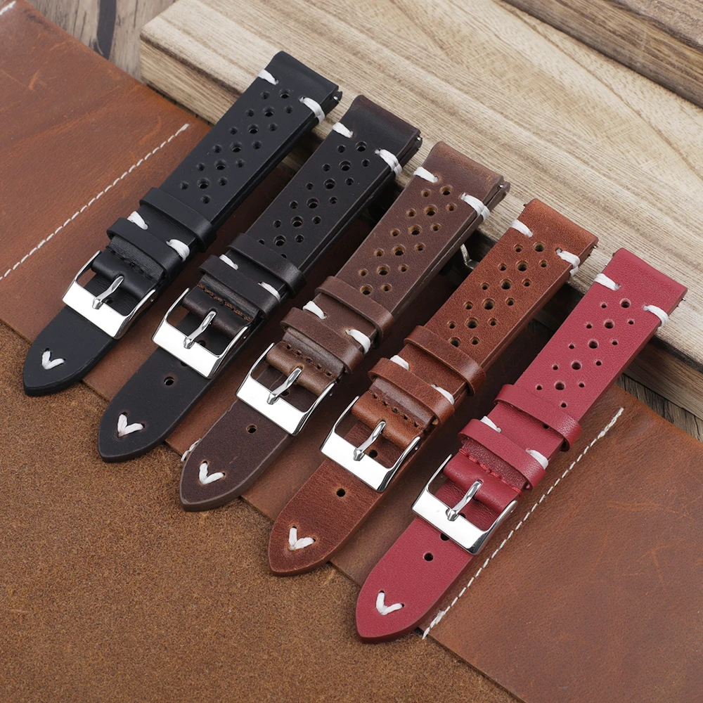 Cowhide Leather Handmade Porous Watch Strap Breathable Oil Wax Watch Band 18mm 20mm 22mm 24mm Men Wrist Watch Strap