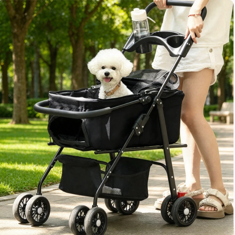 Folding Pet Stroller, Cat and Dog Pushchair with Large 360-Degree Swivel Wheels, Spring Suspension, Oxford Fabric, Linen