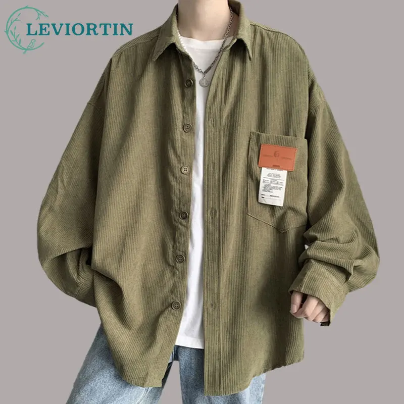 Korean Style Men's Loose Long Sleeve Corduroy Shirt Jacket with Chest Pocket Solid Color Button Down Dress Shirt Unisex Clothing