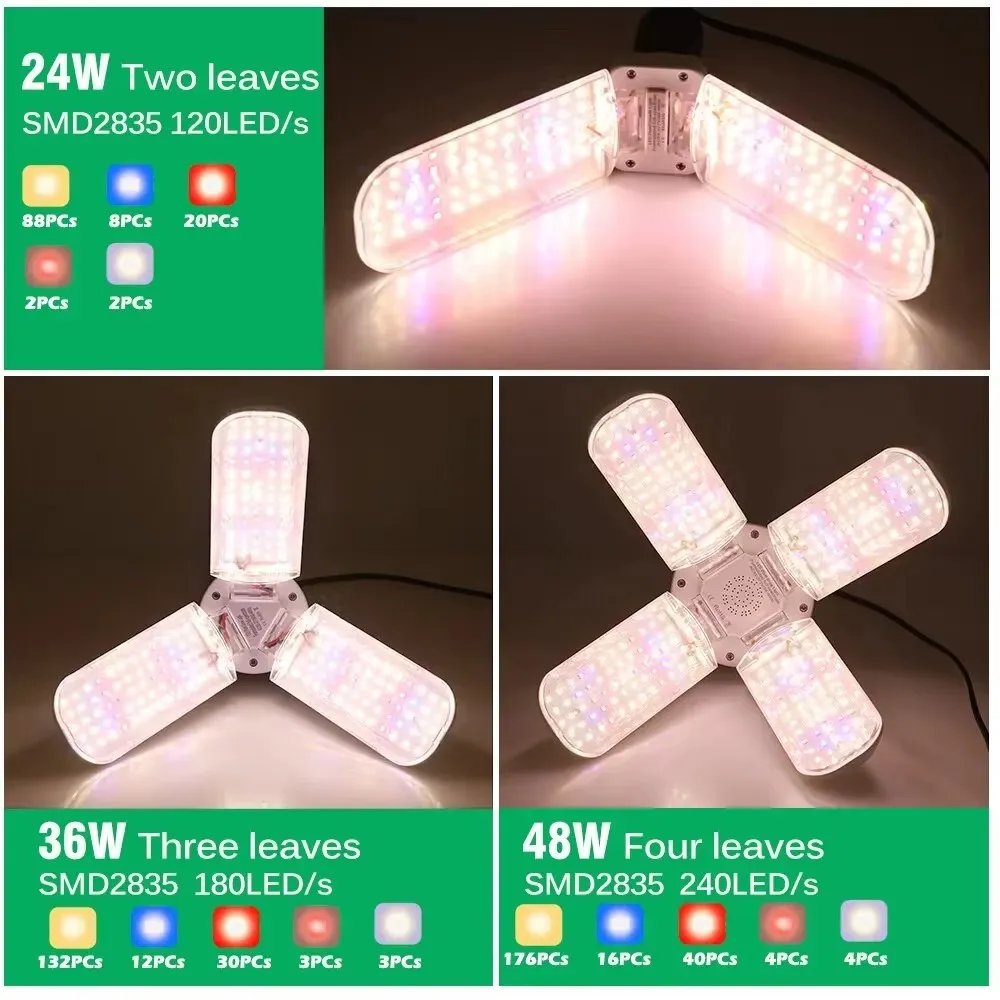 2/3/4 Leaf LED Folding Full Spectrum Plant Growth Light 24w/36w/48w Flower Vegetable house Seedling Supplement Plant Light A4