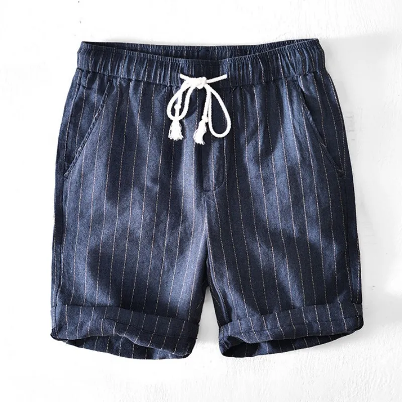 

Summer Causal Linen Cotton Shorts for Men Thin Breathable Elastic Waist Beach Trousers Knee Length Drawstring Streetwear
