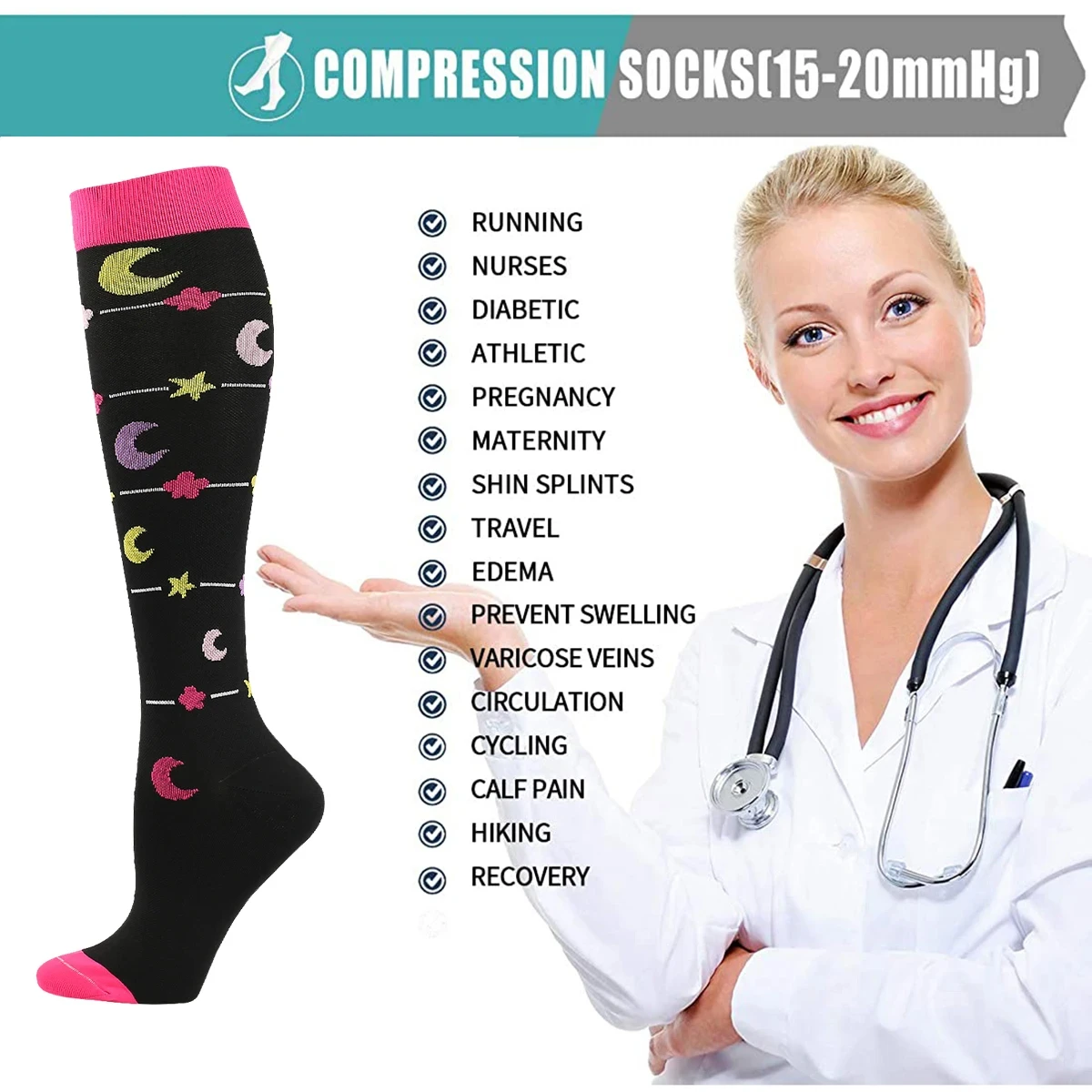 Compression Socks For Men Women Varicose Veins Diabetes Pregnancy Nurse Socks Gym Outdoor Sports Running Cycling Football Hiking