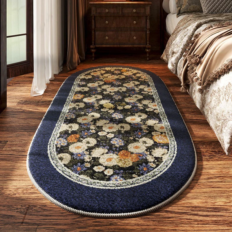Bedroom Bedside Carpet Non-slip Soft Comfortable Floor Mat American Retro Flower Pattern Rug Oval Long Home Decoration Mats 양탄자