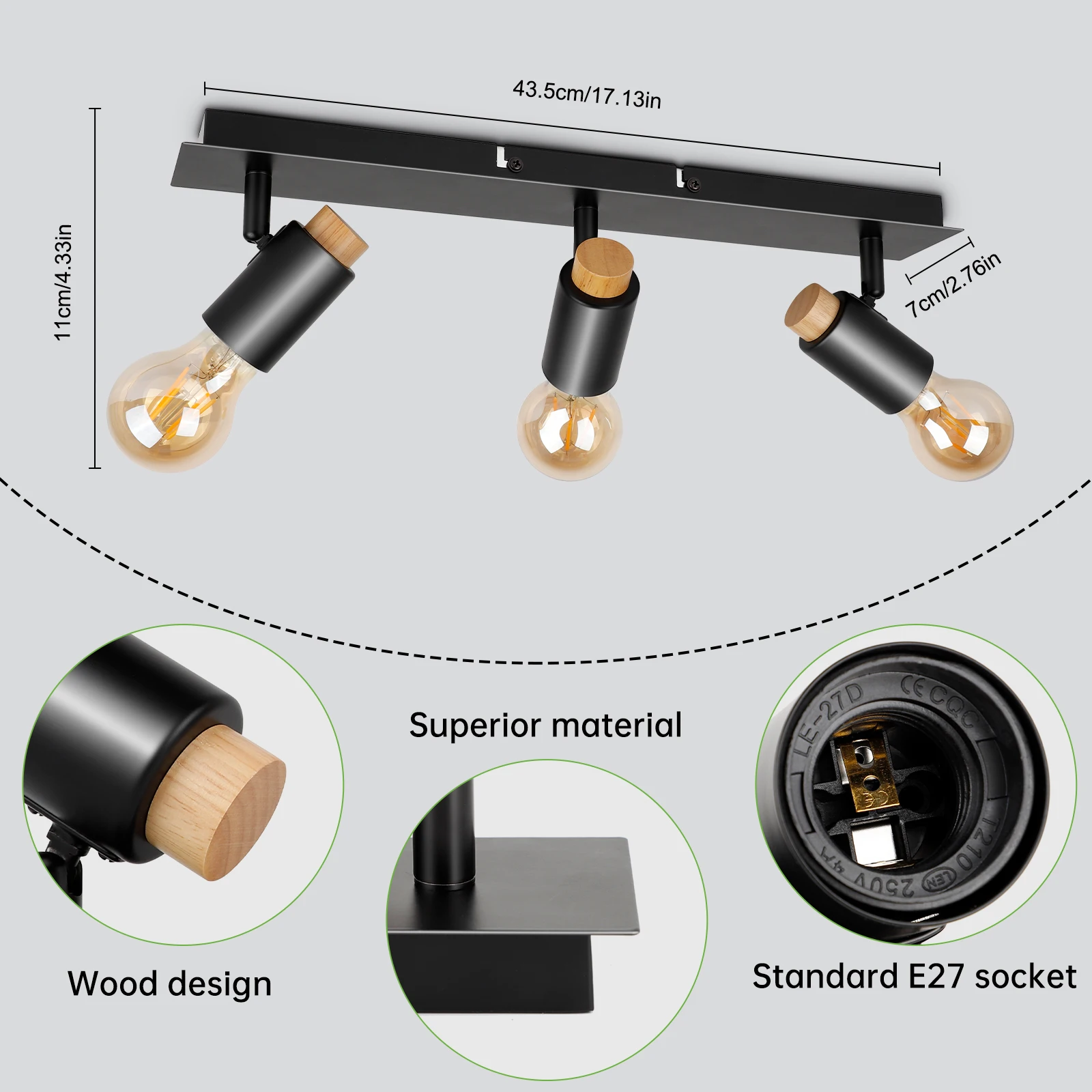 Imagem -02 - Kimjo-rotatable Kitchen Ceiling Light E27 Industrial Spotlight sem Lâmpadas para Iluminação Interna Preto Maneiras Base E27