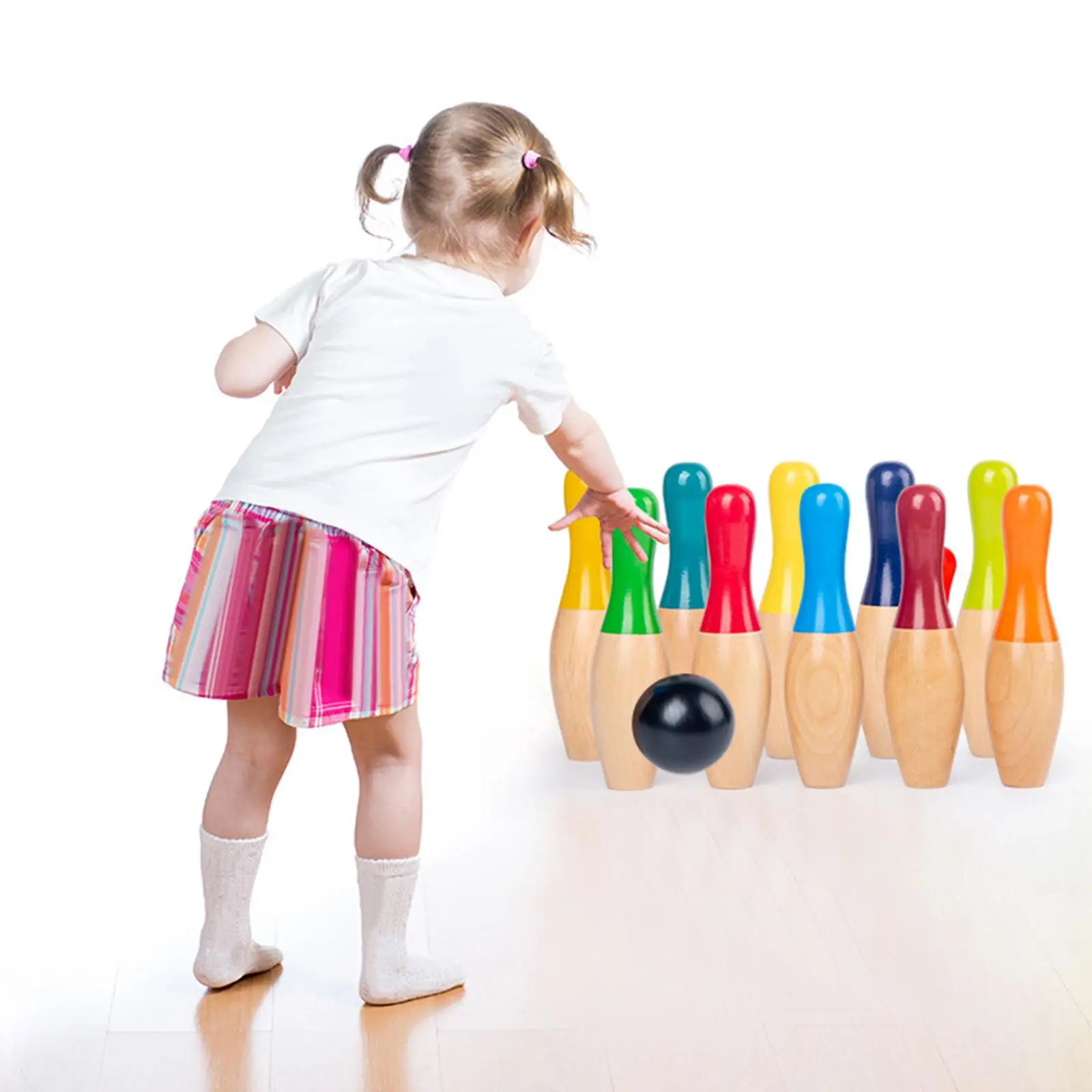 Backyard Wood Bowling Set Skittles Toys 2 Game Prop 10 Wooden Pins Early Learning Wooden Bowling Game for Children floor