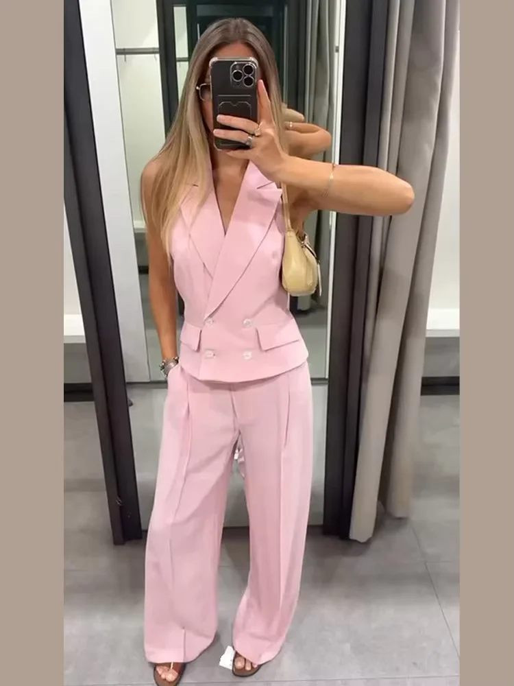 

Double Breasted Buckles Lapel Women Suits Pink Sleeveless Slim Fit Top Long Pant Set 2025 Chic Office Lady Fashion Work Outfits