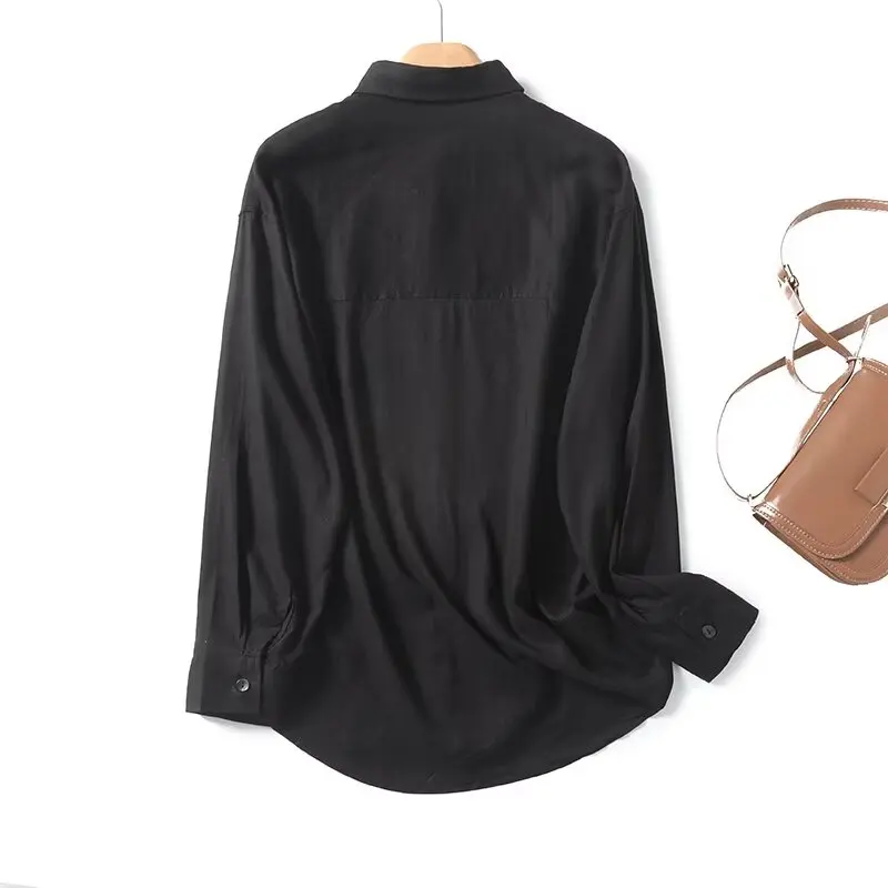 Withered Shirt Women Summer Blouse Women French Minimalist Loose Casual Eleagnt Shirt  Fashionable Llinen Blend Black