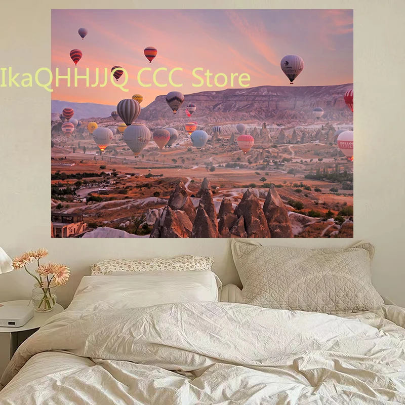 Hot Air Balloon Tapestry Turkish Landscape Background Wall Decoration Cloth Landscape Painting Hanging Cloth Bedroom Tapestries