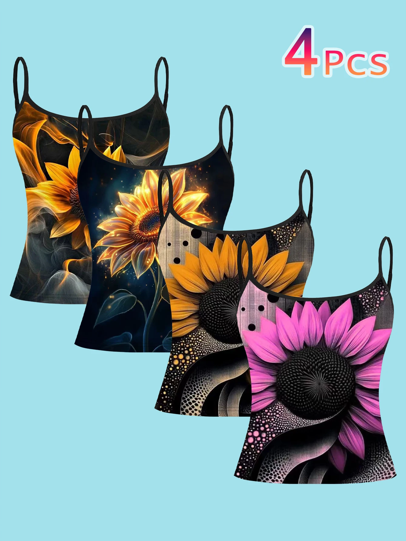 4-Piece Set of Artistic Light and Shadow Sunflower Print Camisoles, Black Base with Glowing Sunflower Pink Sunflower Texture, Women's Slim-Fit Spaghetti Strap Sleeveless Tops for Outerwear or Layering