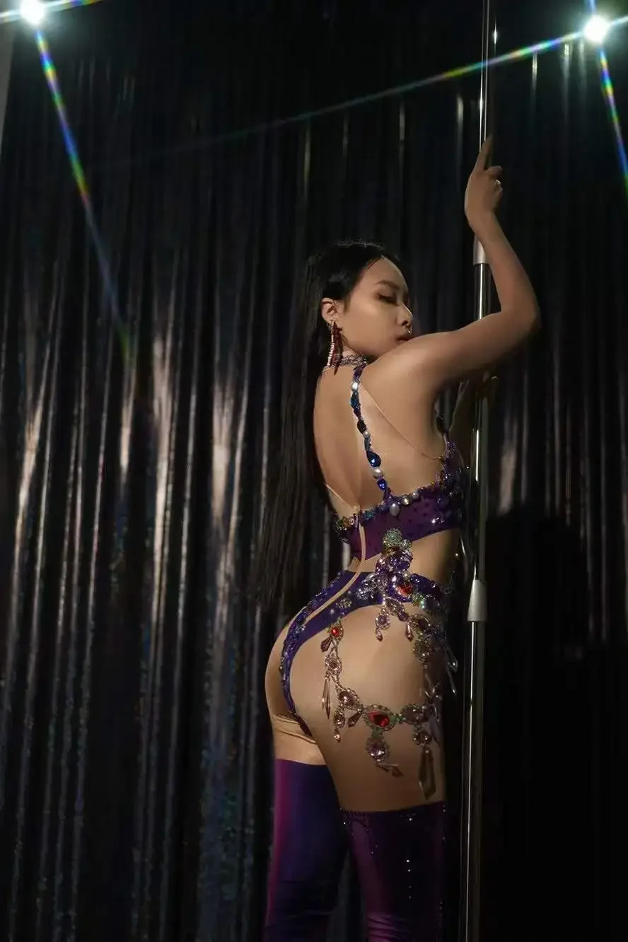 2026 Women Shining Rhinestone Jumpsuits Pole Dance Stage Performance Outfits Drag Queen Costumes Stretch Groop Dance Wear