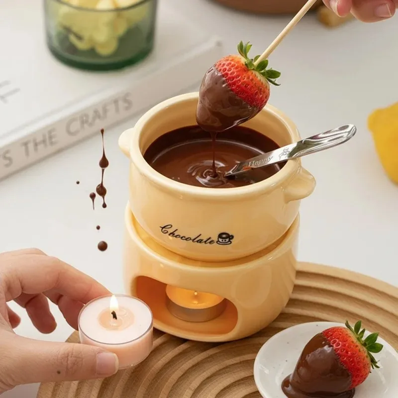 Olla para derretir Chocolate de cerámica con Base de vela para Fondue, queso y inmersión de frutas, incluye tenedor, Mini juego de cocina portátil