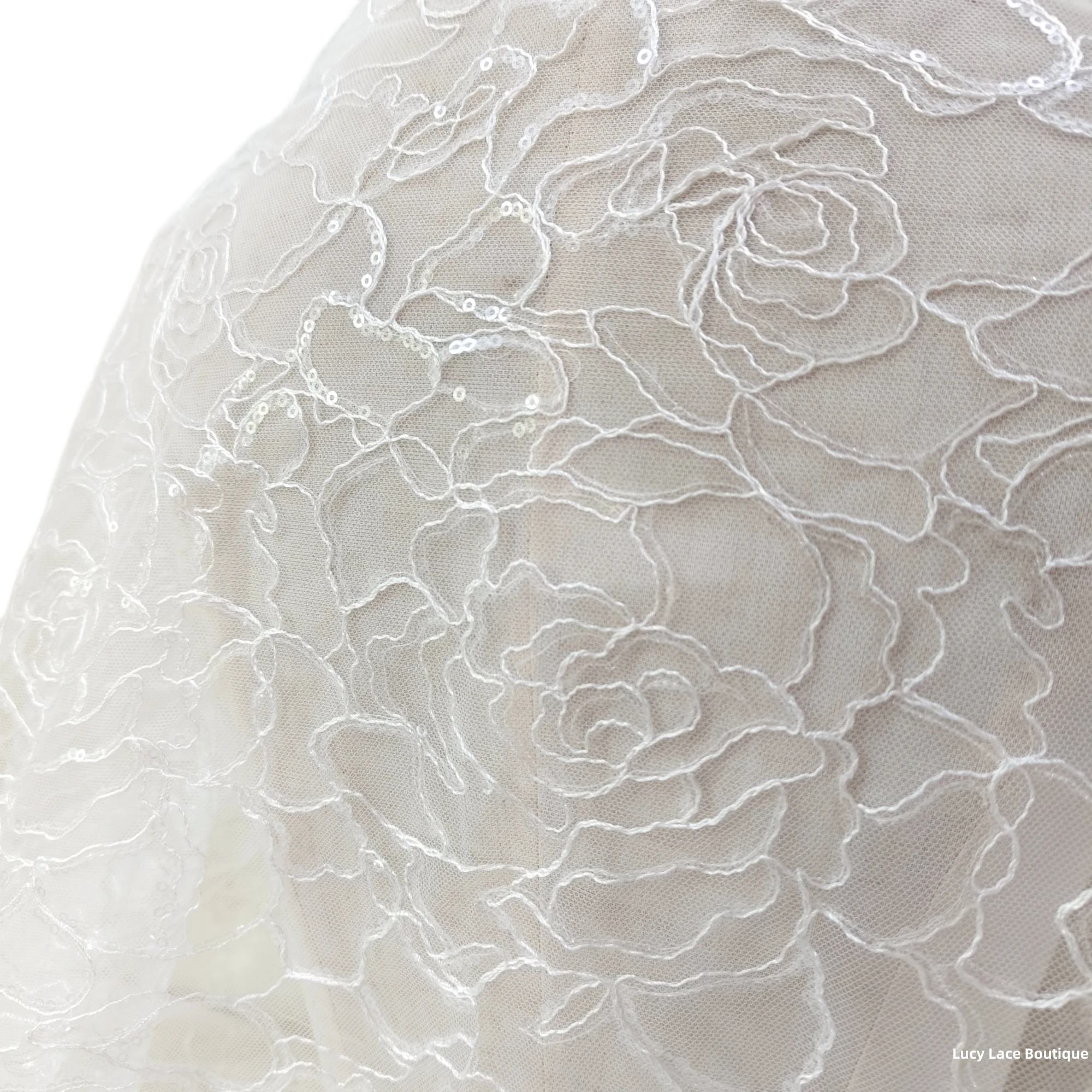 130CM Wide Ivory Allover Rose Flowers Embroidery with Transparent Sequins Sparkly Lace Fabric Lady Dress Sewing Material