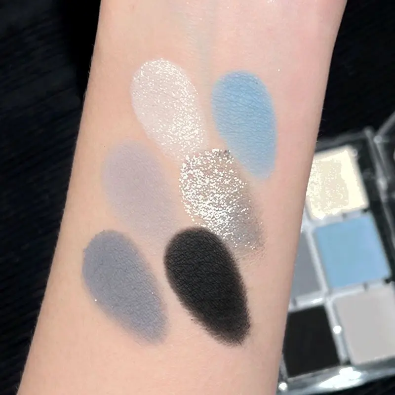 Paleta de sombras de olhos esfumaçadas, cinza fosco, azul, 6 cores, glitter, prata, acrílico, paleta de sombras de olhos de longa duração, cosméticos de maquiagem