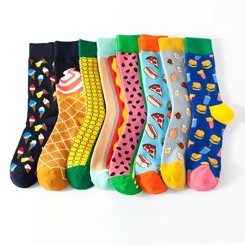 4 Pairs Women Men Funny Socks Cute Cartoon Crew Socks High Quality Cotton Sports Socks Soccer Basketball Hip-hop Colorful Print