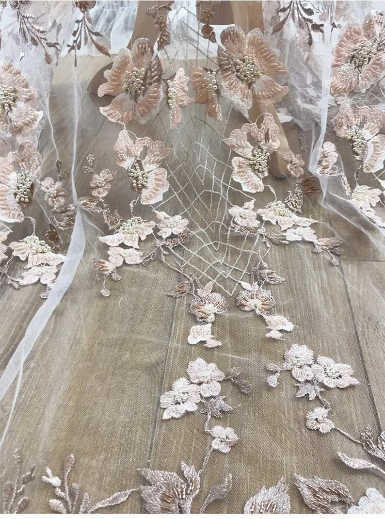 

1 yard 3D Flower Bead Pearl Lace Fabric Gold Pink Floral Embroidery Tulle fabric Dress Tutu Dress Wedding Dress Bridal Veil
