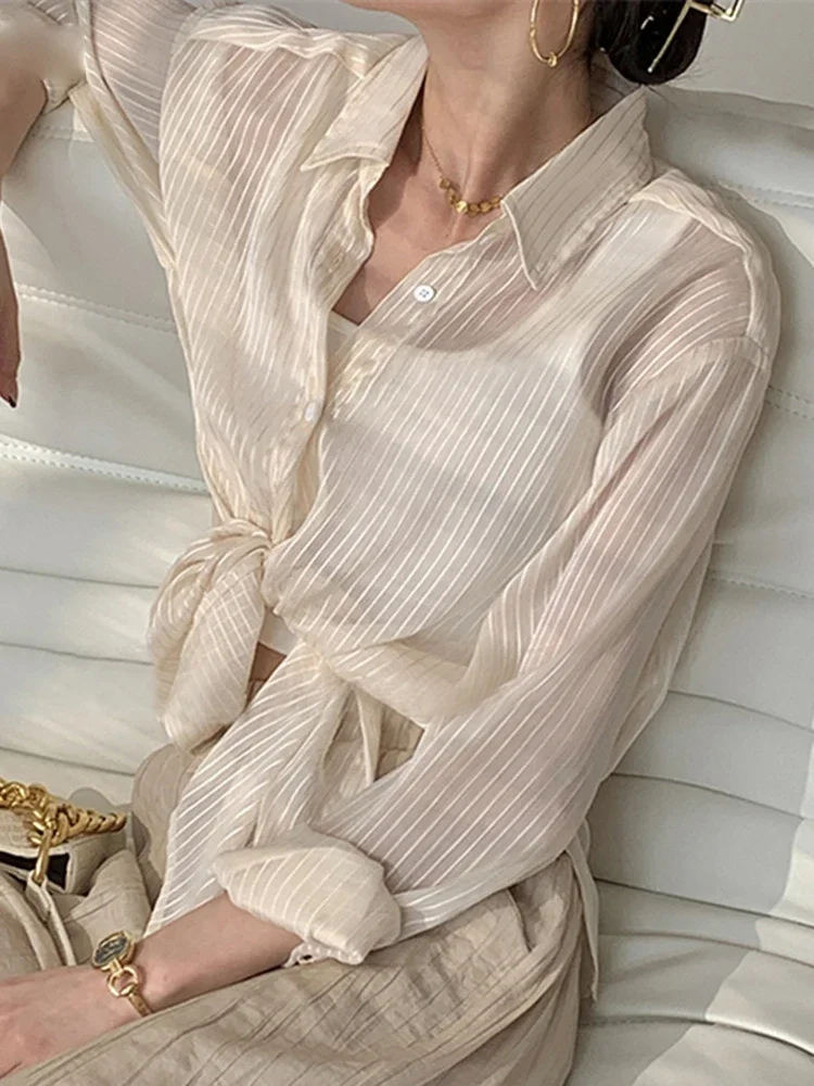 Korean Fashion Black Blouses Women Summer Sexy See Through Stripe Shirts Female Oversized Casual Loose Single Breasted Thin Tops