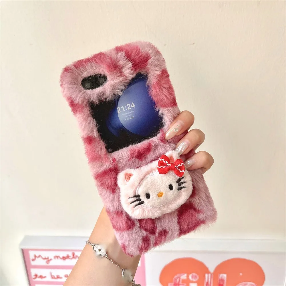 For Samsung Galaxy Z Flip Fold 3 4 5 6 Plush Embroidered Cartoon Hello Kitty Phone Case Plus Hole Lens Holder Protection Cover